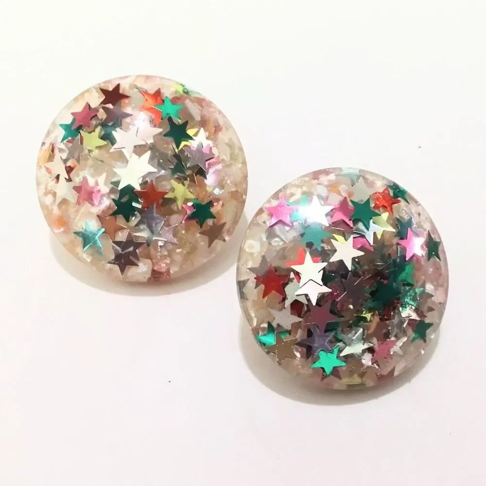 Vintage Mid Century Star Confetti Lucite Clip Earrings Colorful Retro 1960s